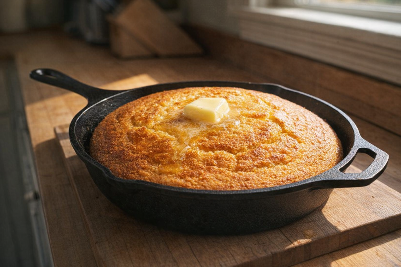 A golden-brown cornbread, still warm in a black cast iron skillet, sits on a wooden cutting board with a pat of butter melting on top, illuminated by natural sunlight